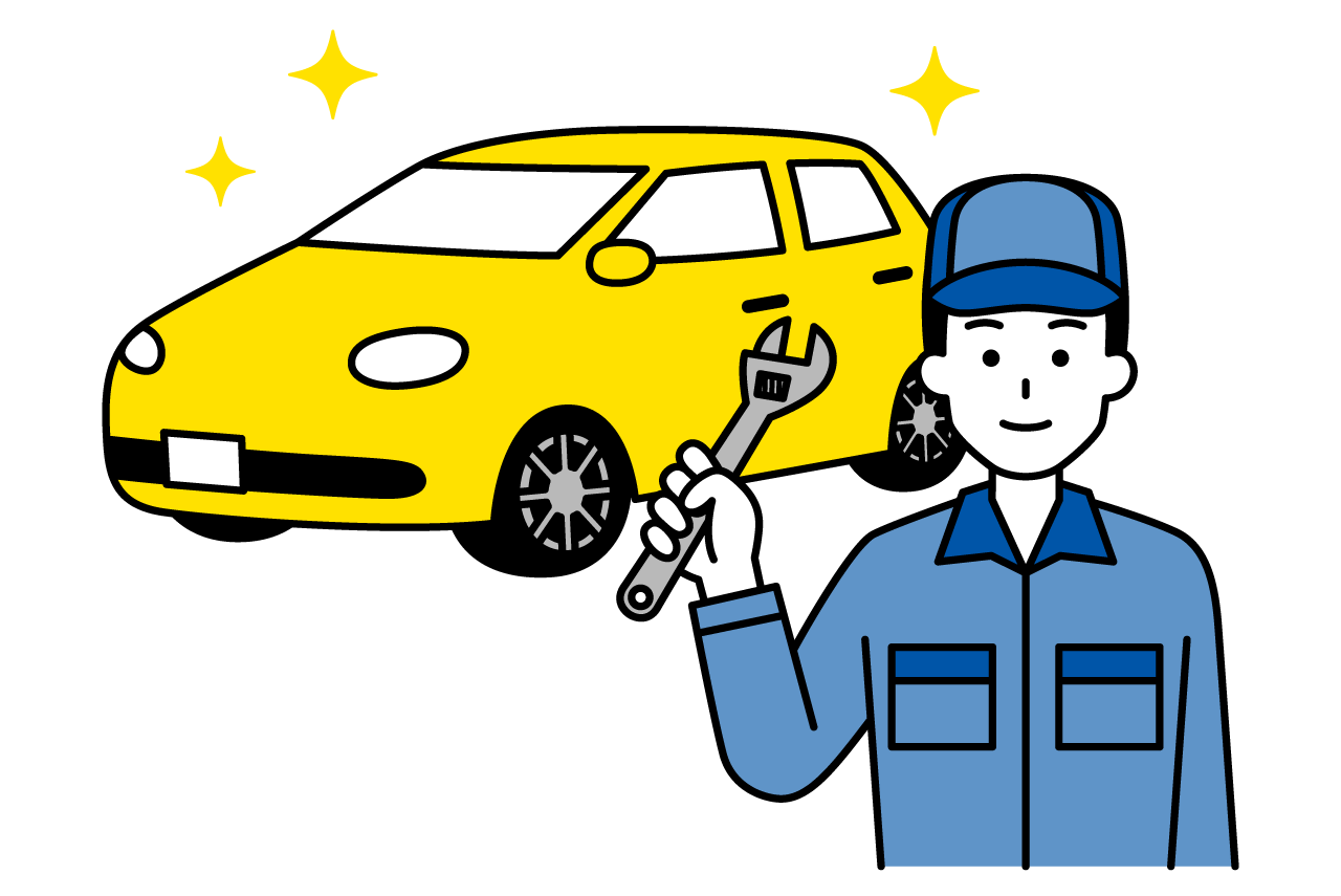黄色の車と青い作業着の整備士イラスト