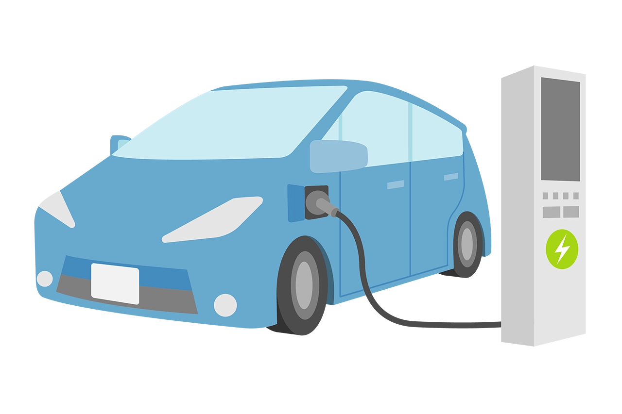 充電中の青い電気自動車のイラスト