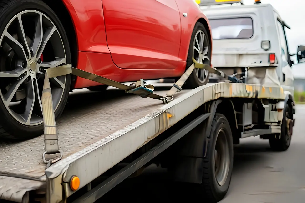 廃車引き取りでレッカー搬送される赤い車